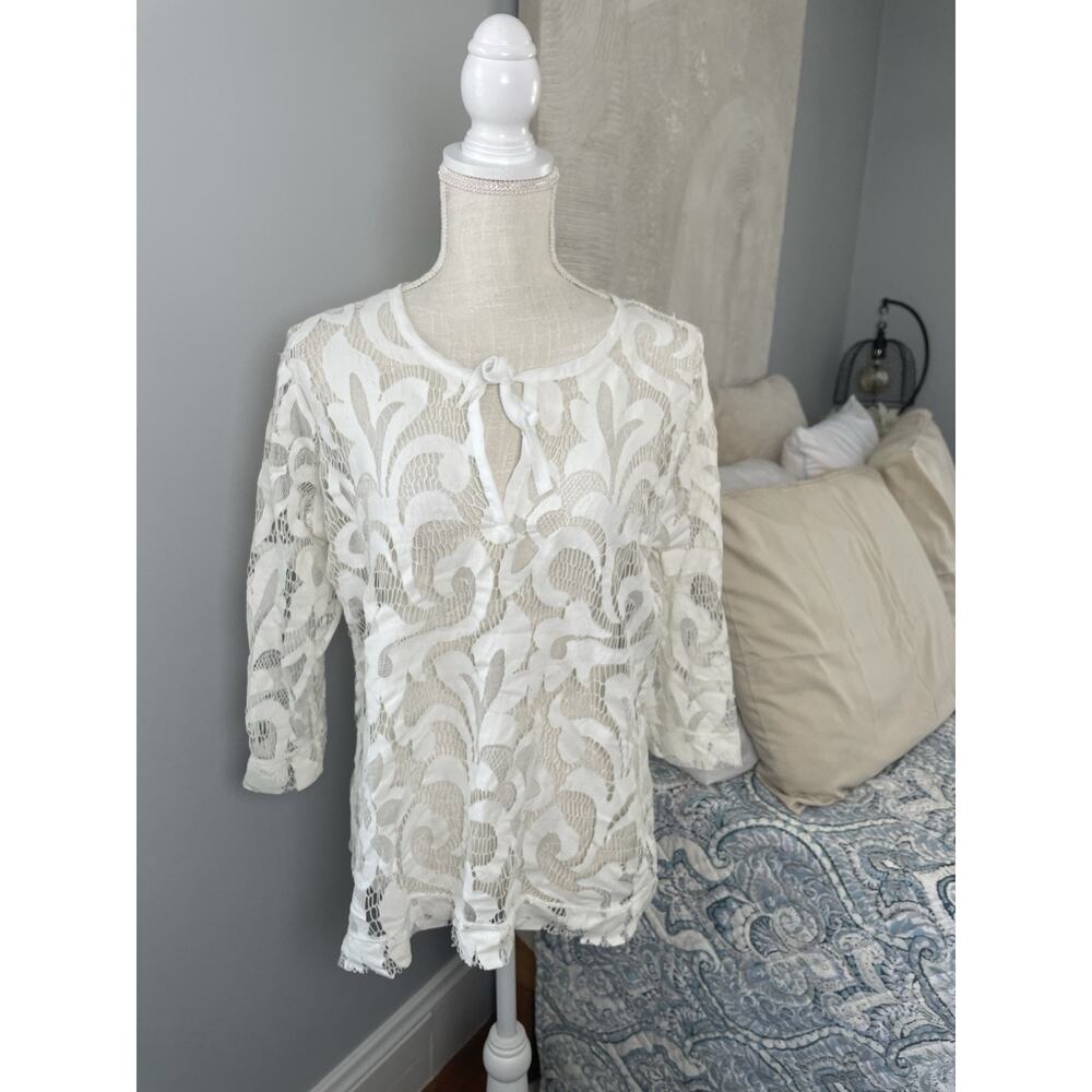 Grisbi Boho Lace Blouse L White Sheer Floral Festival Top Cottagecore Peasant
